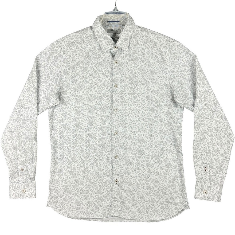 Ted Baker London Men's Size 4 Large White Geometric Starburst Button Down Shirt